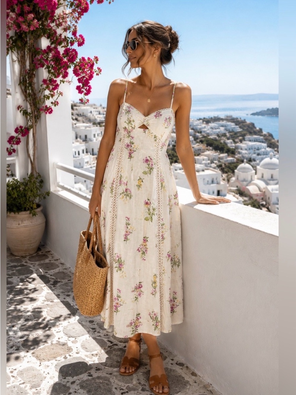 Caroline Constas Floral Spaghetti Strap Midi Dress - Cream